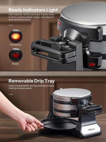 Yabano removable drip tray catches batter overflow for a cleaner countertop
