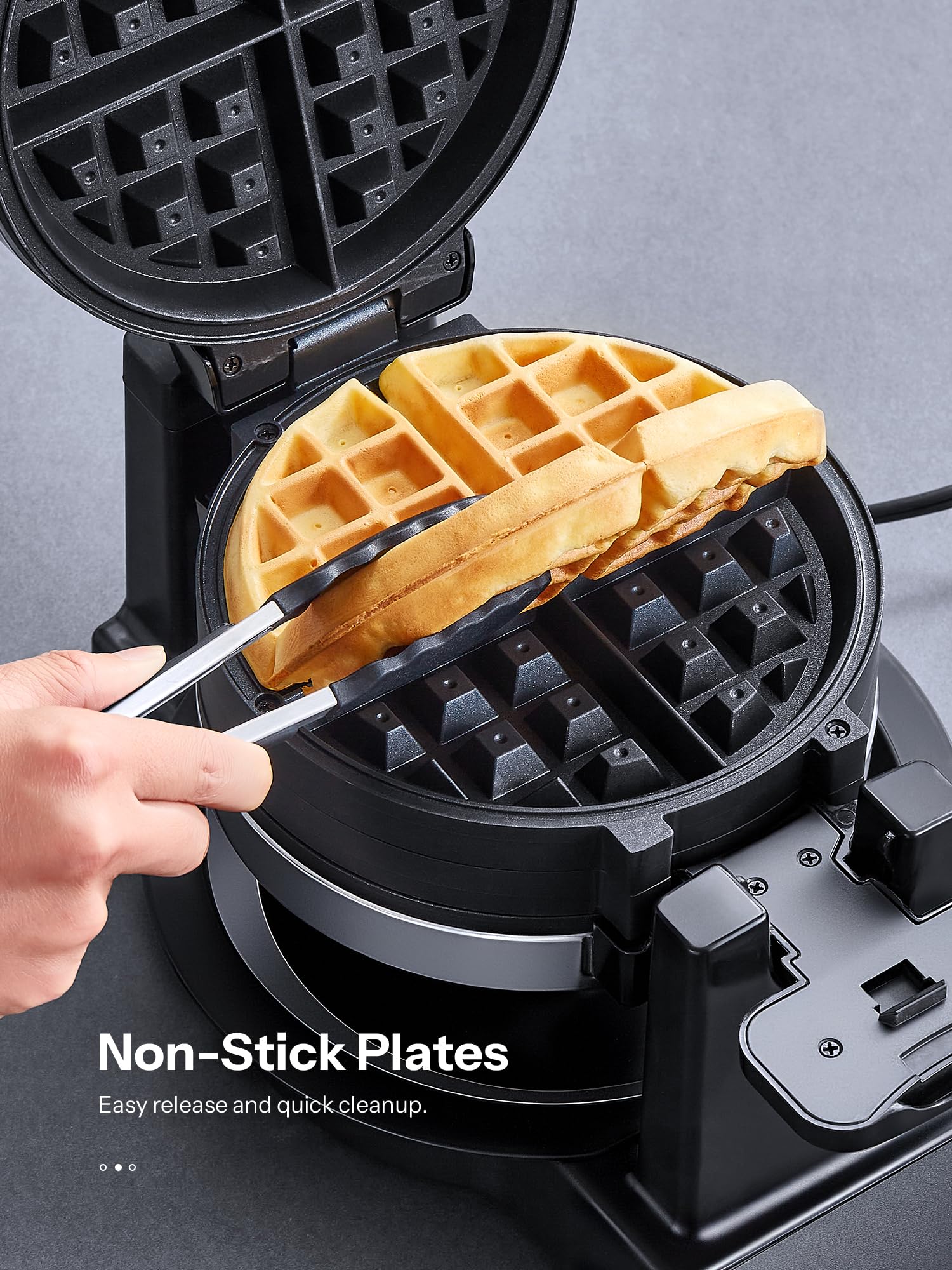Yabano waffle iron with 360-degree rotation delivering evenly cooked waffles.