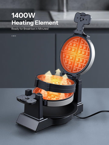 Yabano dual rotation bakes two thick waffles simultaneously for sharing.