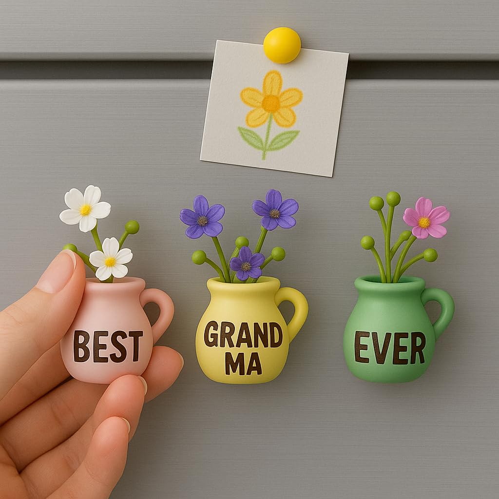 Colorful yellow vase magnet on fridge suggests a warm, gift-ready kitchen accent.