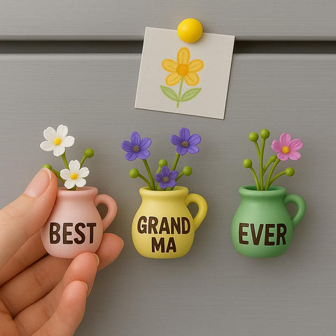Colorful yellow vase magnet on fridge suggests a warm, gift-ready kitchen accent.