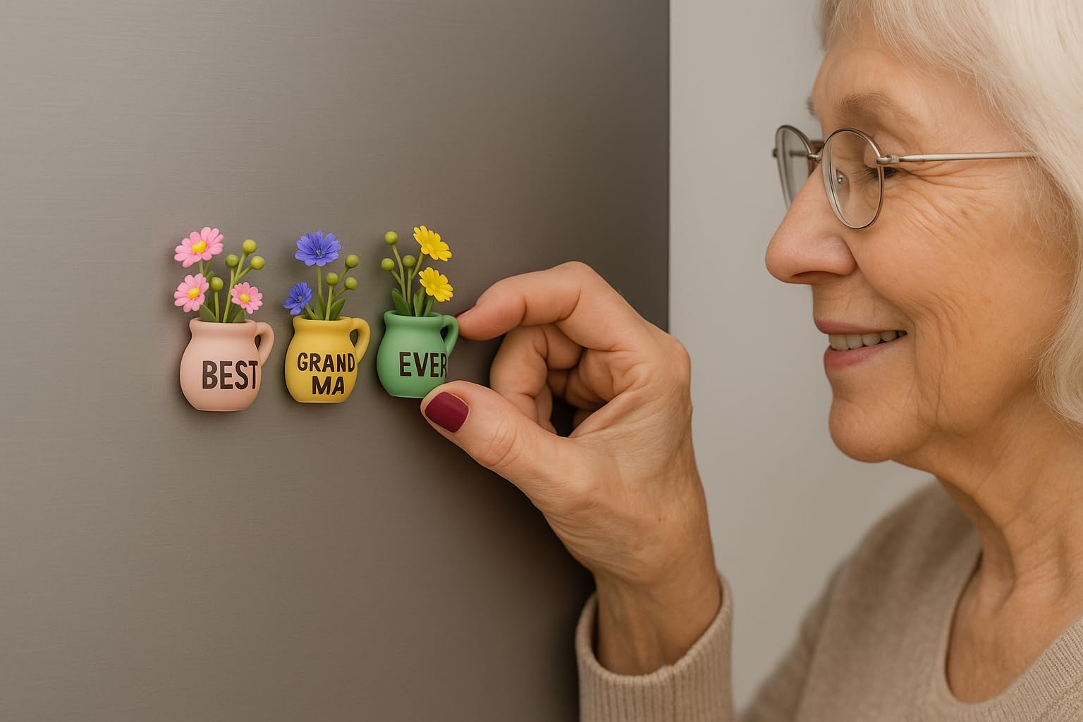 Three-piece Best Grandma Ever set displayed on fridge for daily appreciation.