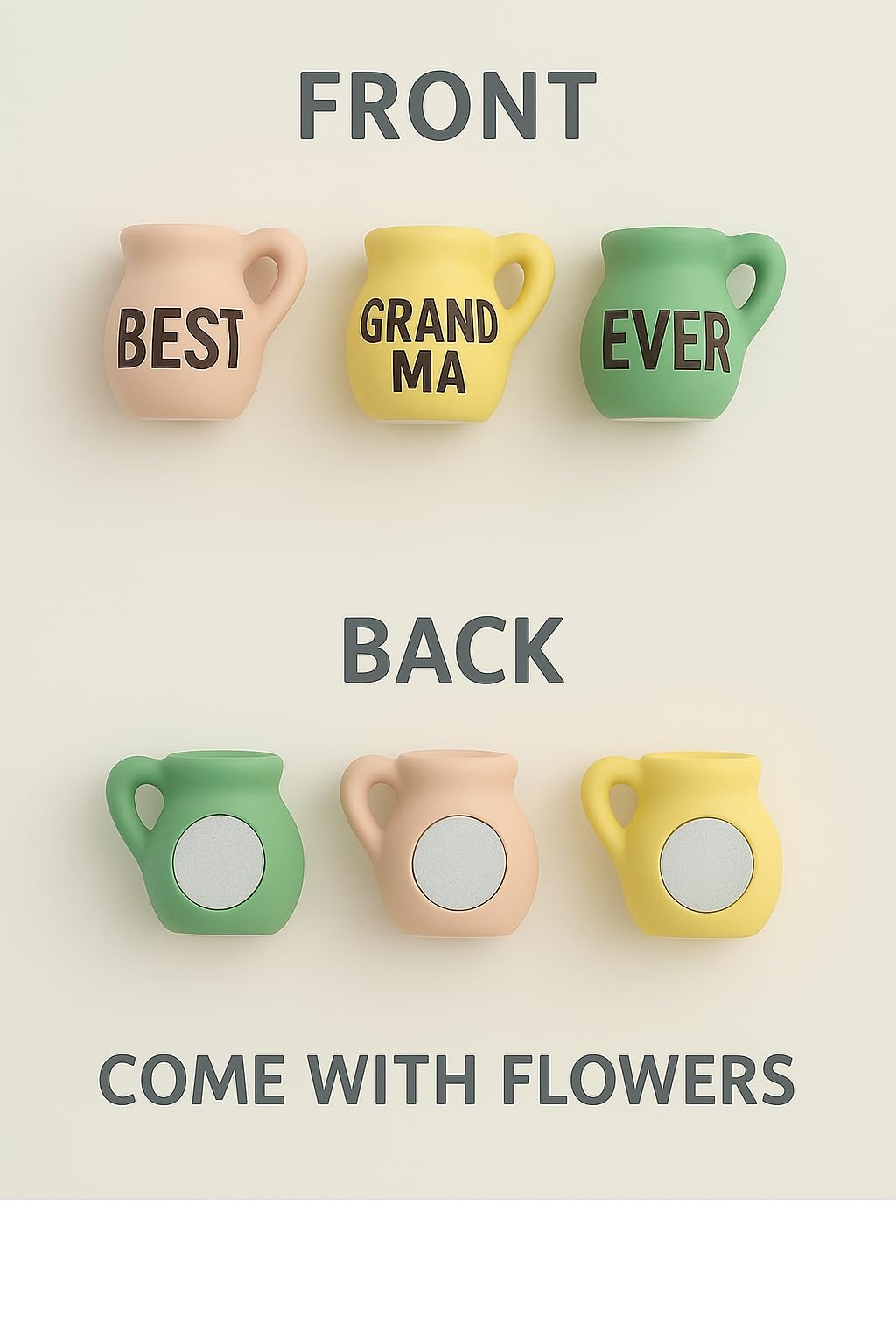 Close-up of strong magnets securing mini vases to a metal surface.