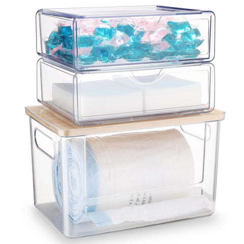 YAFFWA extra large rack under sink stores trash bags neatly for quick access.