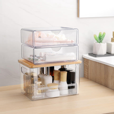 YAFFWA stackable drawer storage box set keeps laundry supplies organized and within reach.