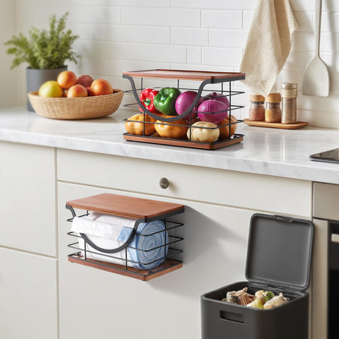 YAFFWA trash bag dispenser lid doubles as a small shelf for light items.
