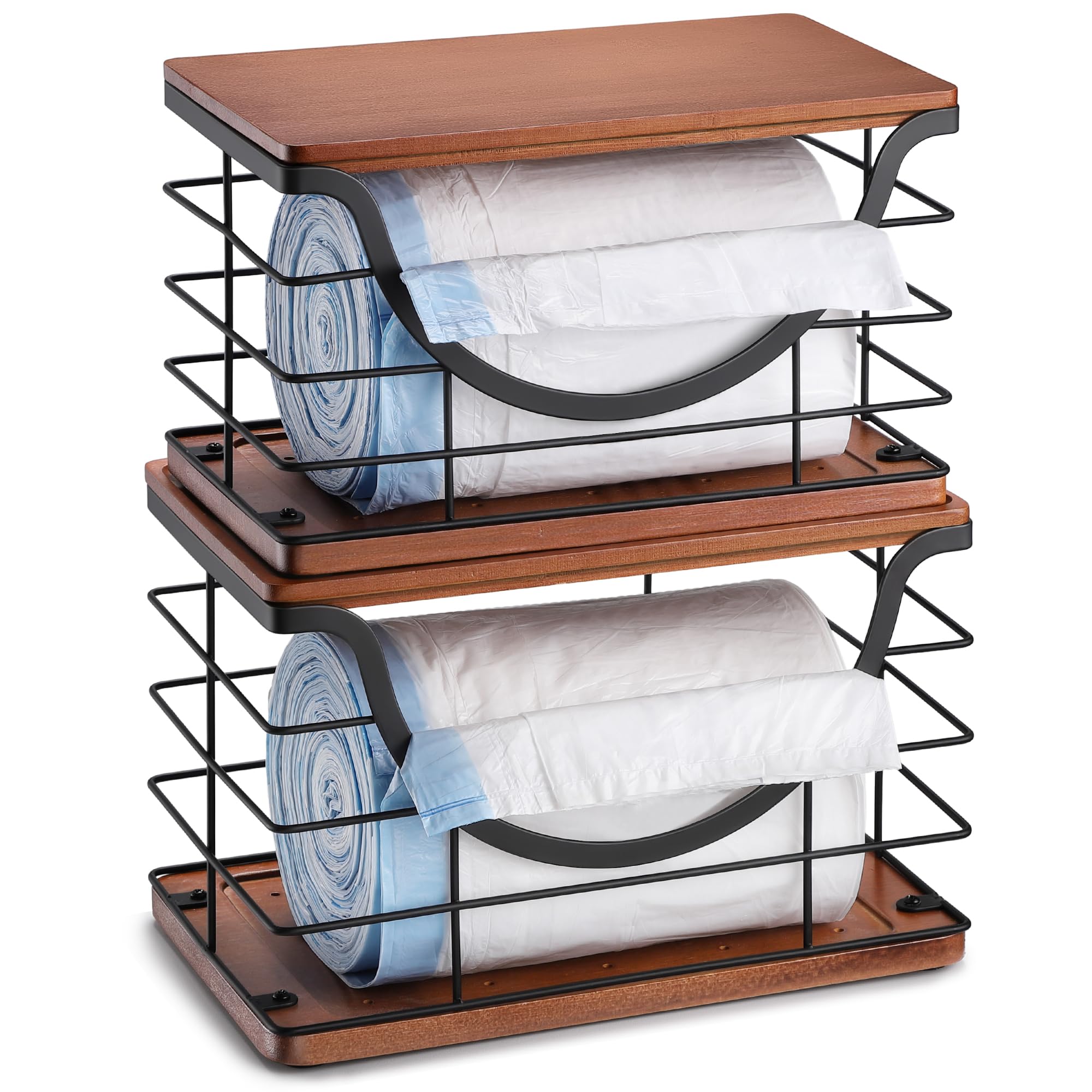 YAFFWA trash bag holder with bamboo top, compact under-sink storage for easy access.