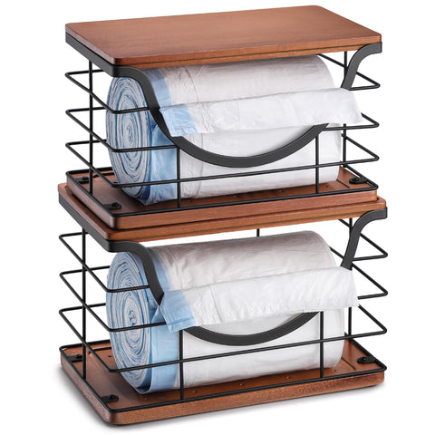 YAFFWA trash bag holder with bamboo top, compact under-sink storage for easy access.