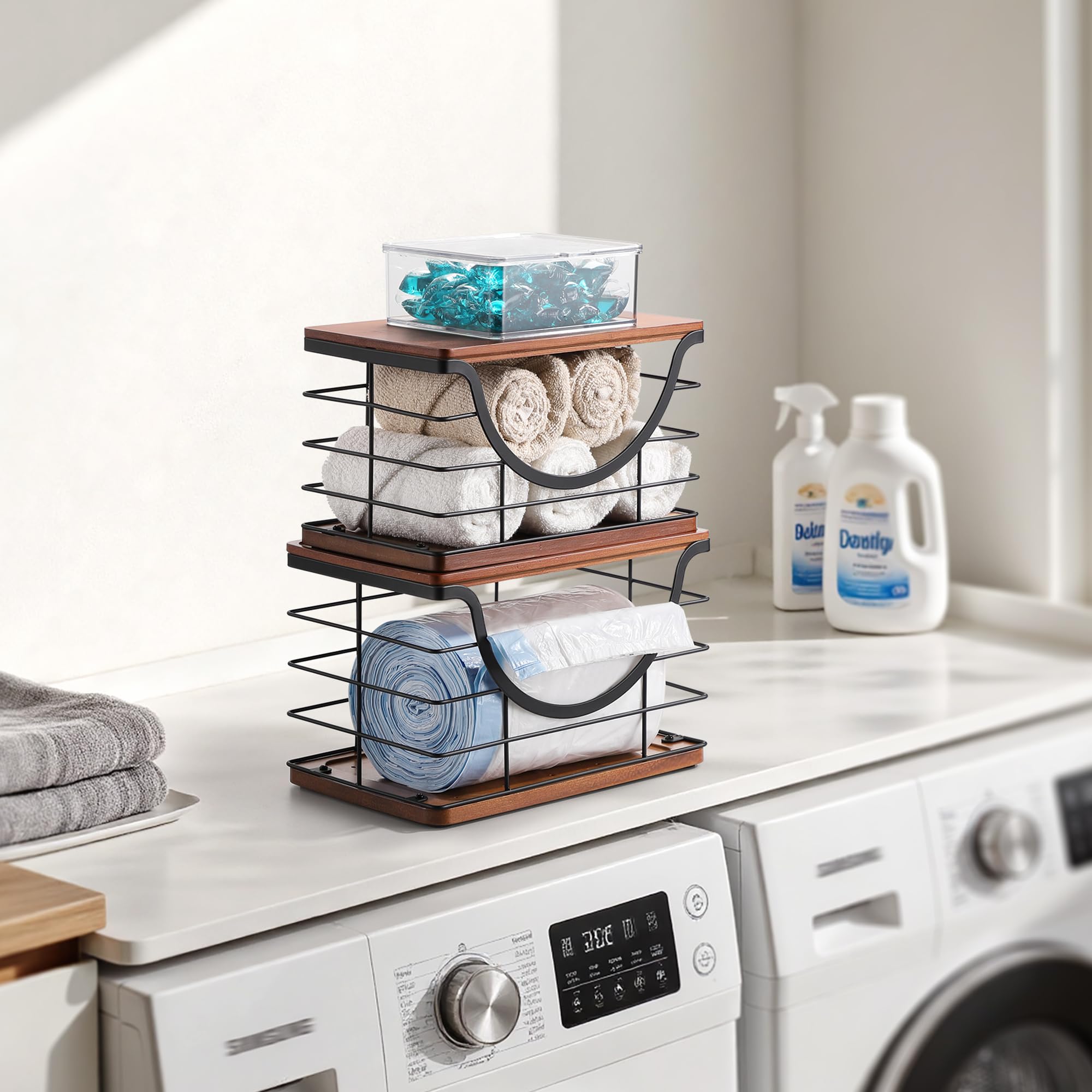 YAFFWA bamboo-topped organizer stackable design saves space on the countertop.