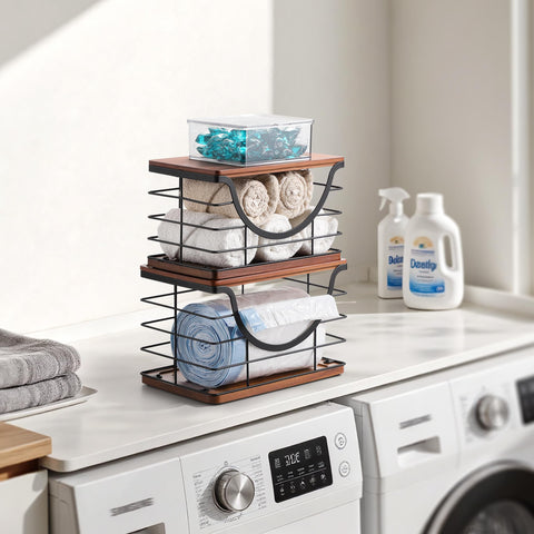 YAFFWA bamboo-topped organizer stackable design saves space on the countertop.