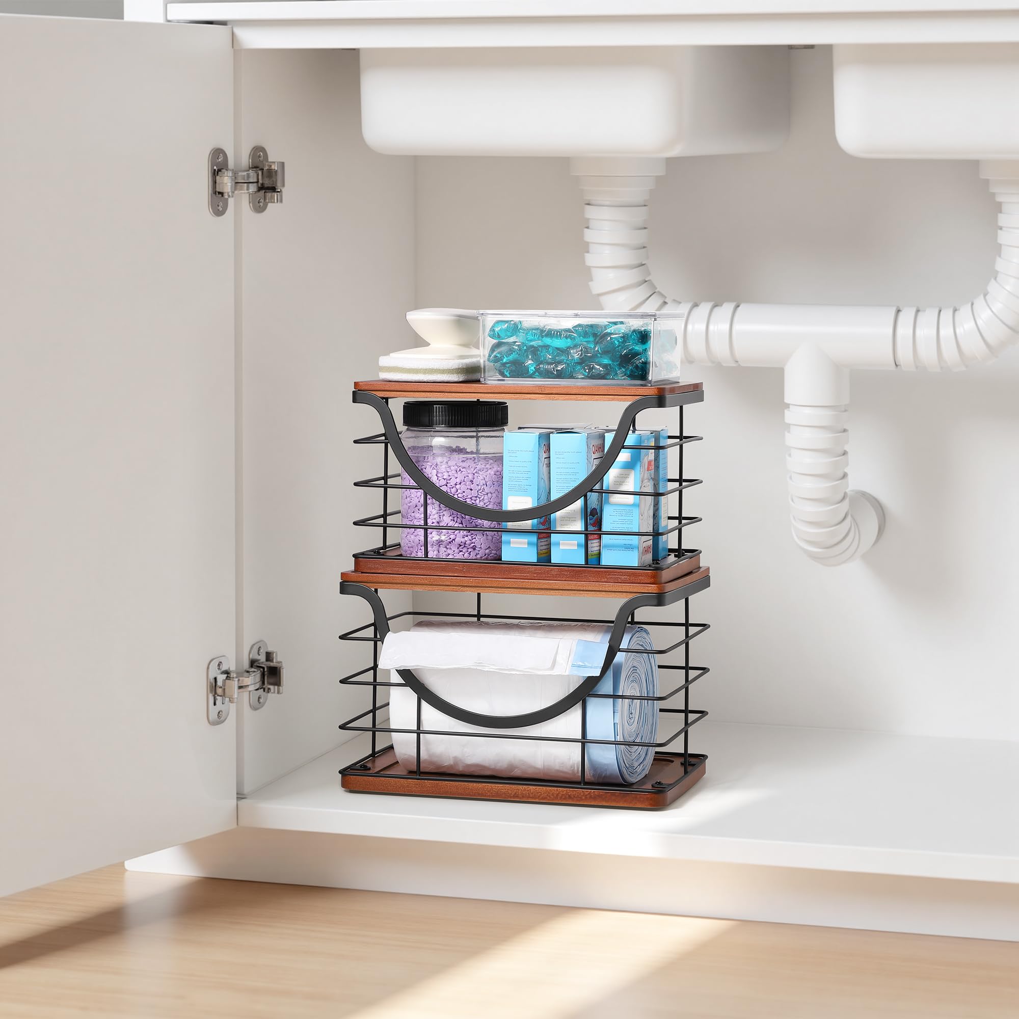 YAFFWA kitchen organizer blends stainless steel with wood for a stylish, durable solution.