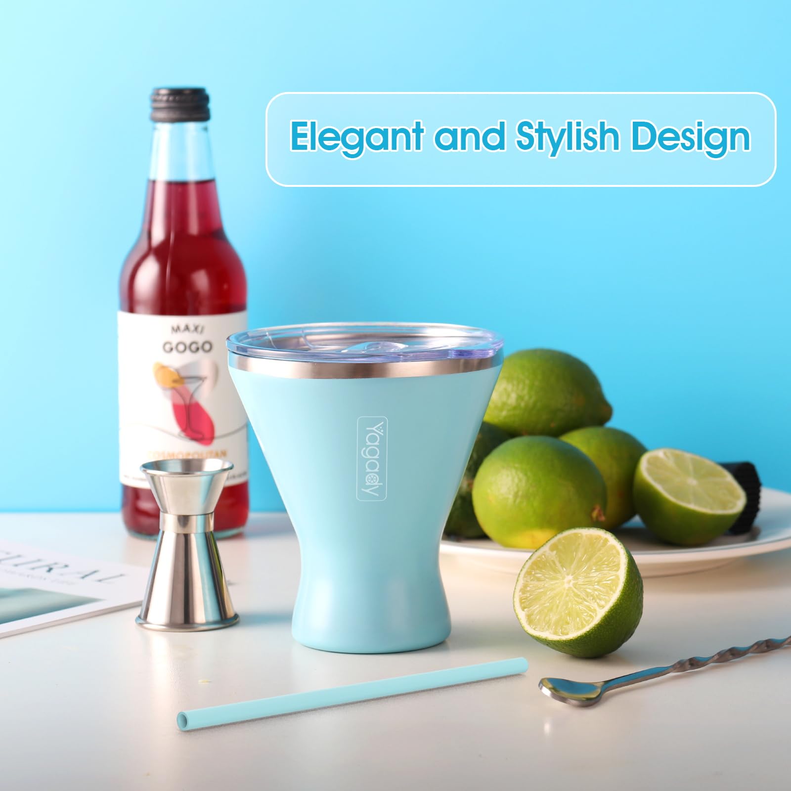 Yagady vacuum-insulated stainless steel martini tumbler keeps drinks cool and flavorful.