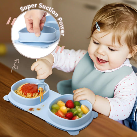 yahaa suction plate in baby blue provides stable feeding on a high chair
