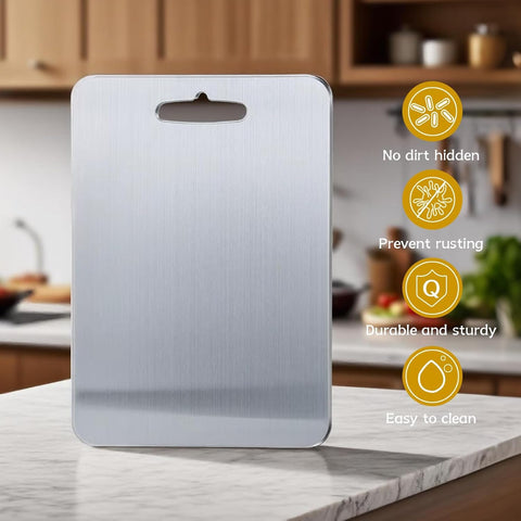 Yainmos titanium cutting board back view highlighting meat-side separation for safer prep