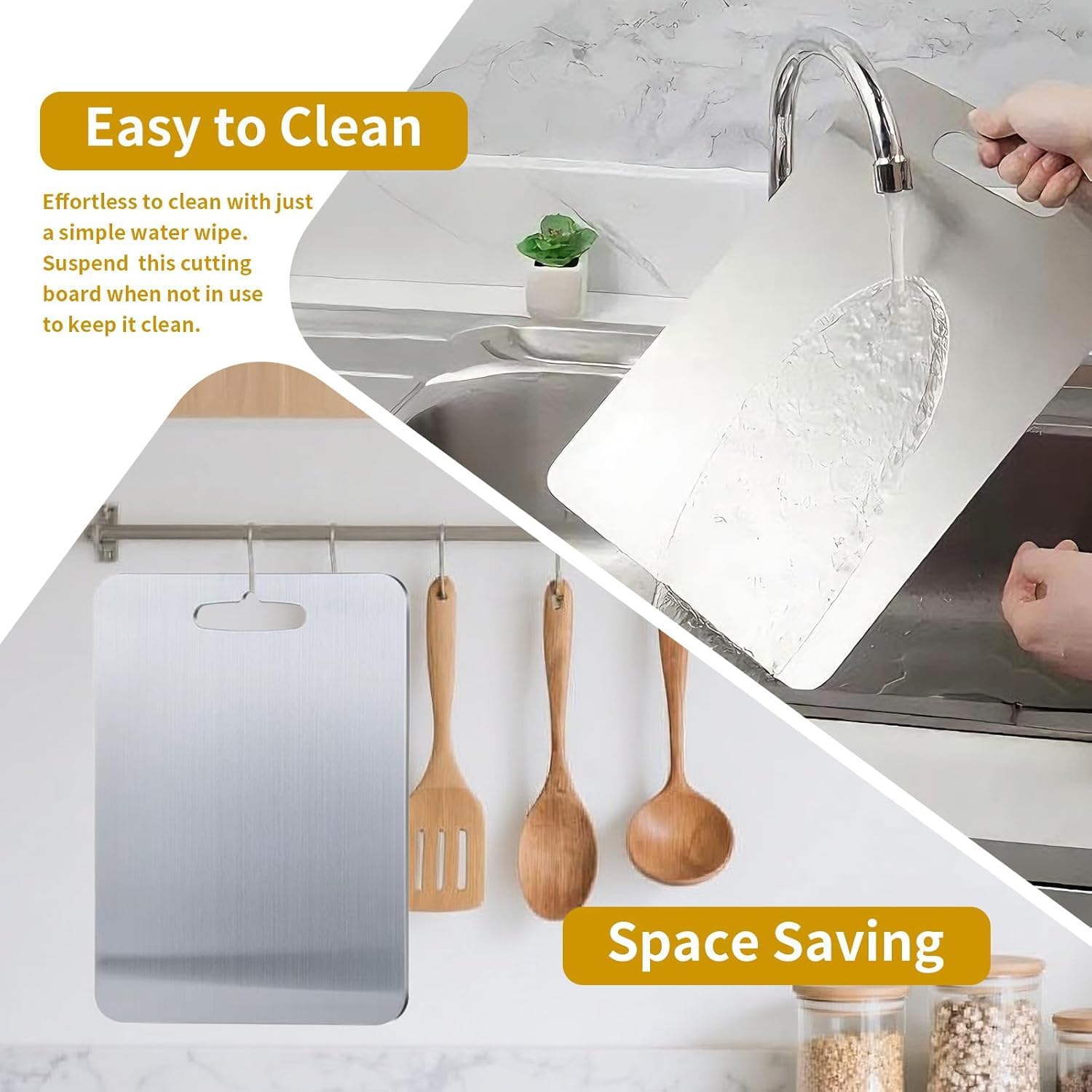 Yainmos titanium cutting board 18x12 inch dimension for ample cutting space.