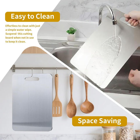 Yainmos titanium cutting board 18x12 inch dimension for ample cutting space.