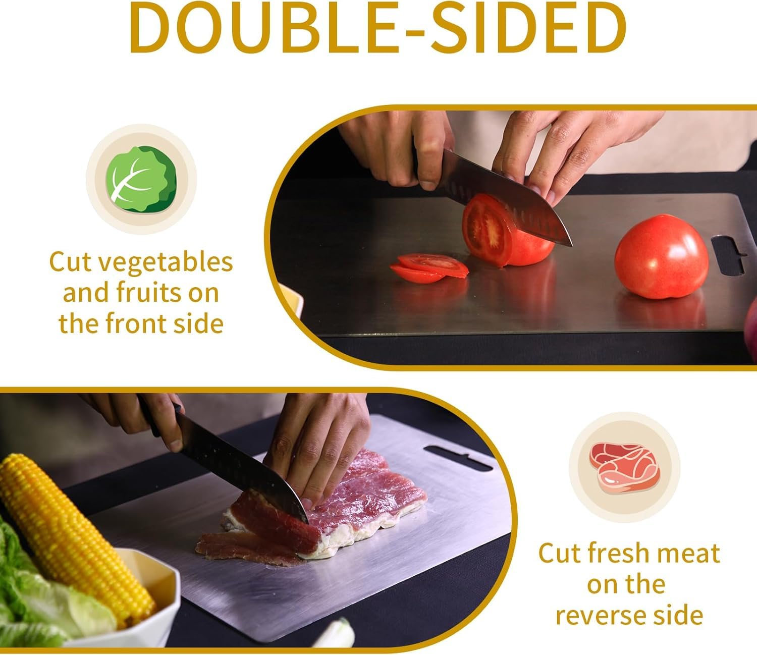 Yainmos titanium cutting board showcases stain and odor resistance for everyday meals.