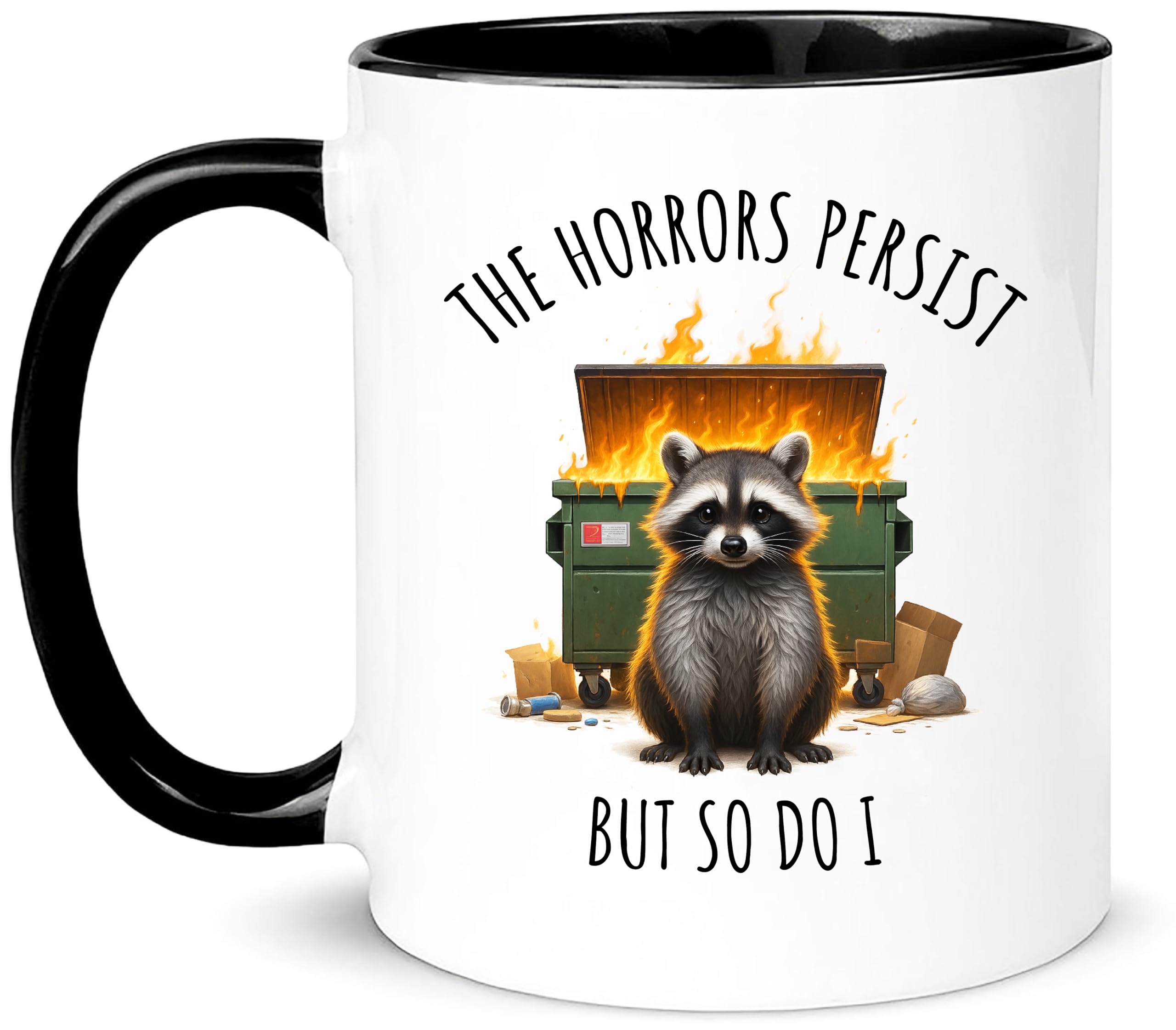 Yalocib dumpster fire vibes mug with fierce raccoon, great gift for friends.