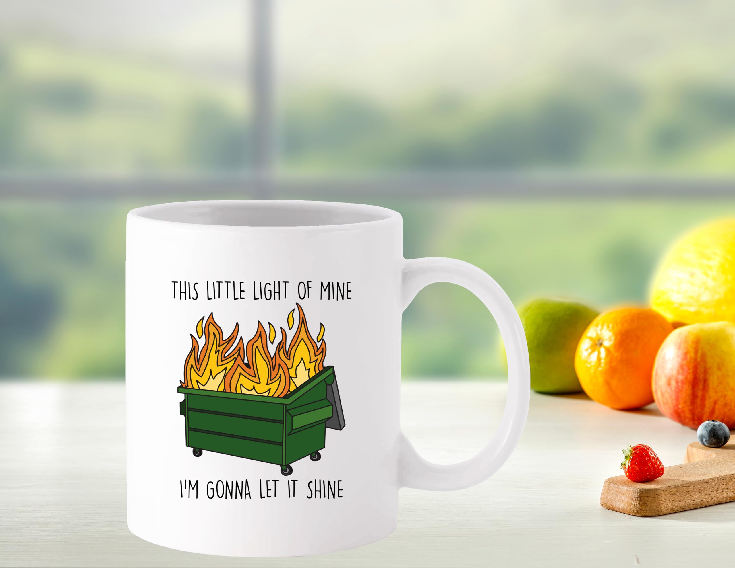 Yalocib Funny Dumpster Fire Mug detail text close-up shows vibrant ceramic coating