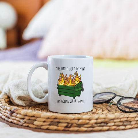 Yalocib Dumpster Fire Mug side angle highlights double-sided print and comfortable grip