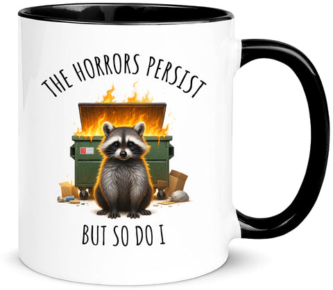 Yalocib raccoon beside a flaming trash bin mug, bold design for bold mornings.