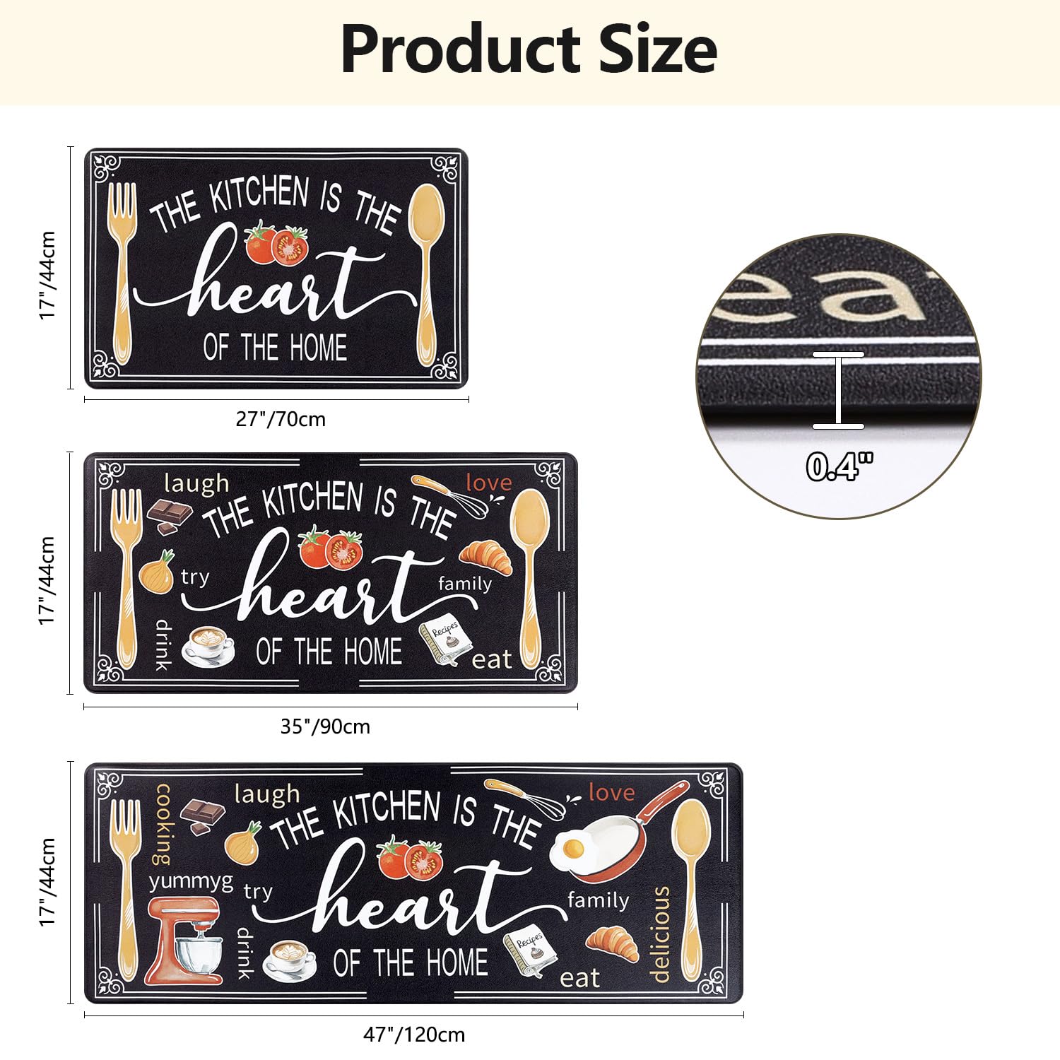 Yamaziot 3-piece kitchen mat set shown in multiple sizes for flexible layouts