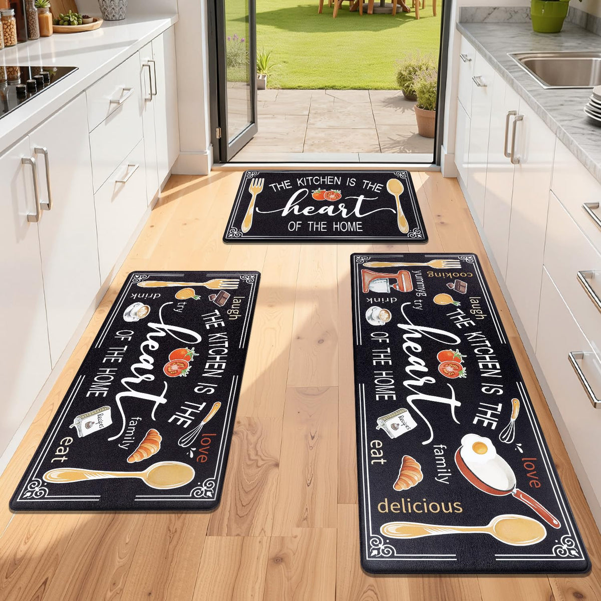 Yamaziot anti-fatigue kitchen mat 3-piece set, front view, reduces standing fatigue