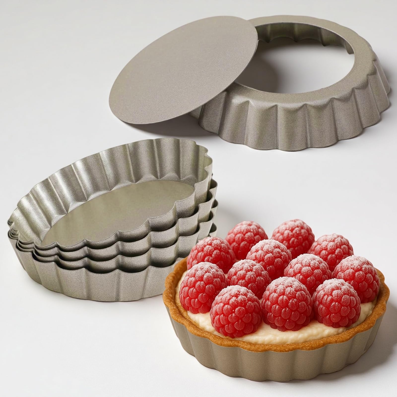 Yamteck 4in mini quiche pans with gold finish and six-pack for easy demolding