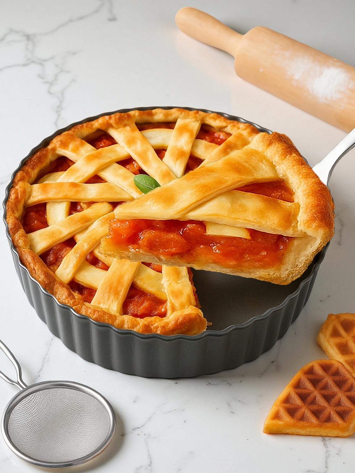 Yamteck deep tart pan 9.5x2.2 inches shown at side view for even browning