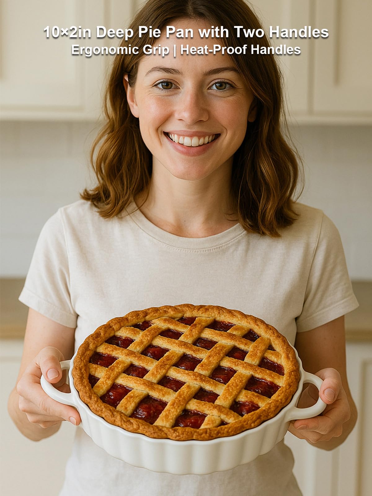 Yamteck ergonomic heat-proof handles on a pie pan for safe transport