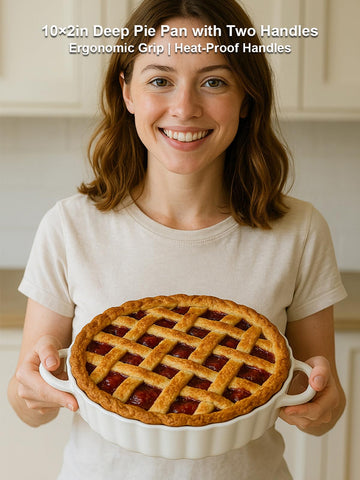 Yamteck ergonomic heat-proof handles on a pie pan for safe transport