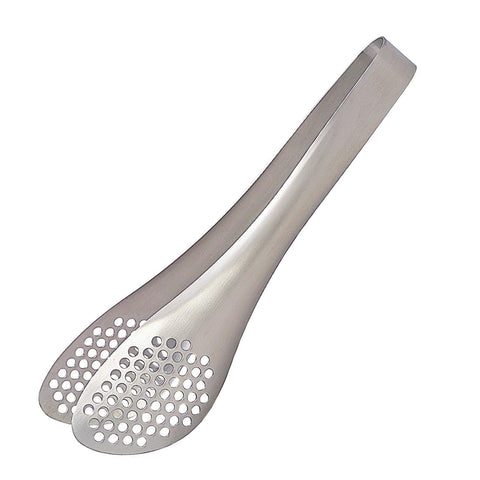 Yanagi Sori perforated tongs in stainless steel assembly for lasting durability.