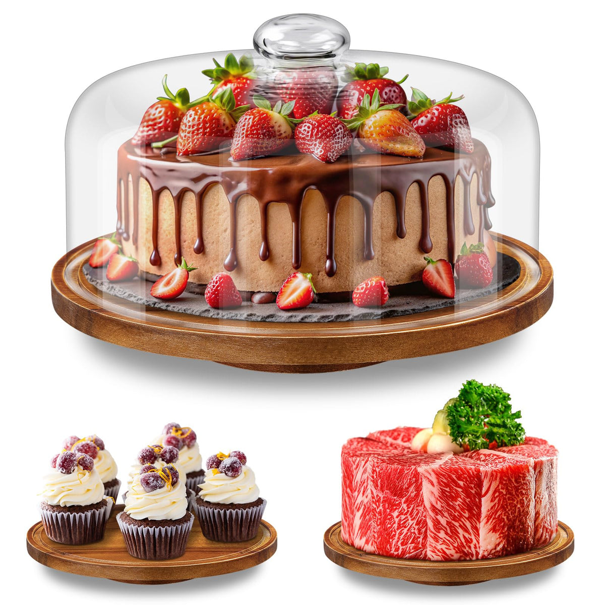 Yangbaga 11in wood cake stand with rotating base for desserts and events