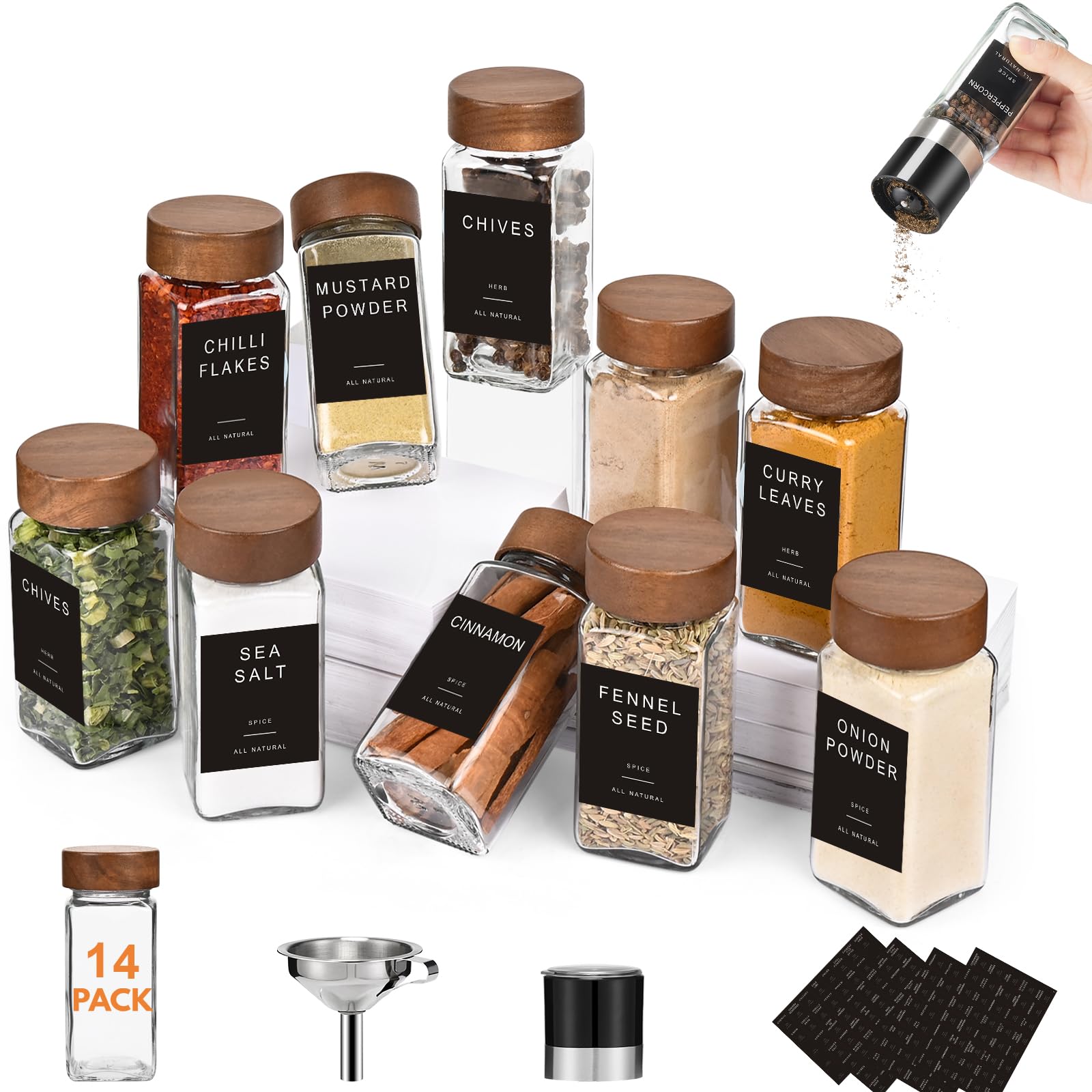 Yangbaga 14-piece glass spice jars with labels for easy organization and fresh flavors.