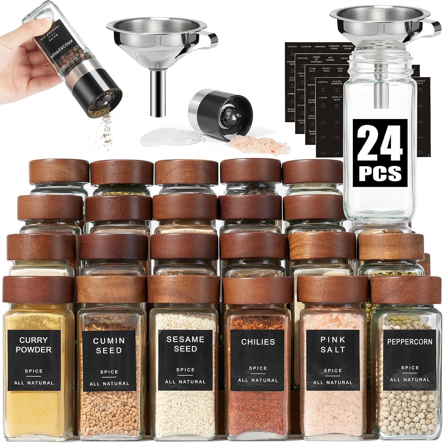 Yangbaga 24-piece glass spice jars with labels for organized pantry