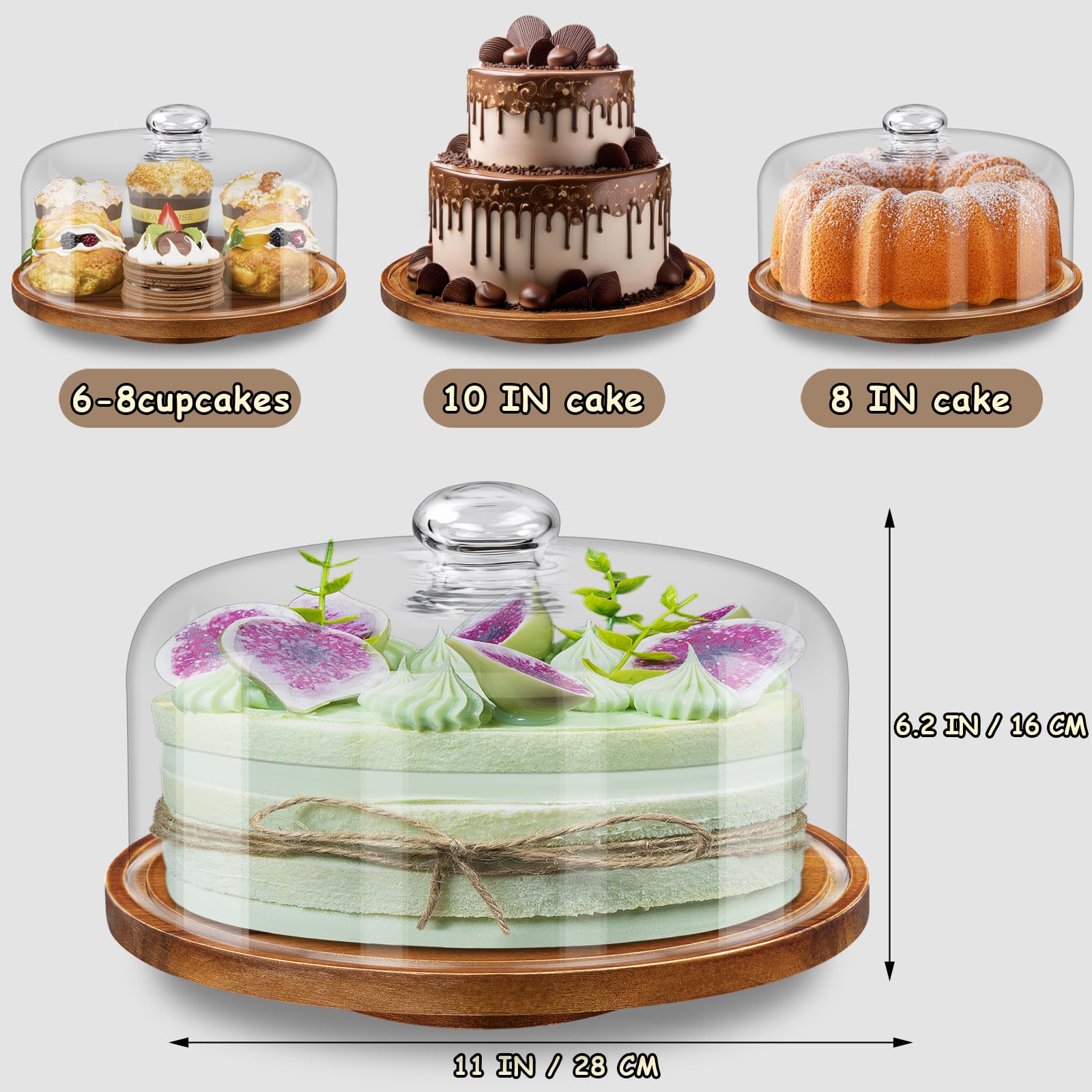 Yangbaga wood cake stand with glass dome lid for stylish display