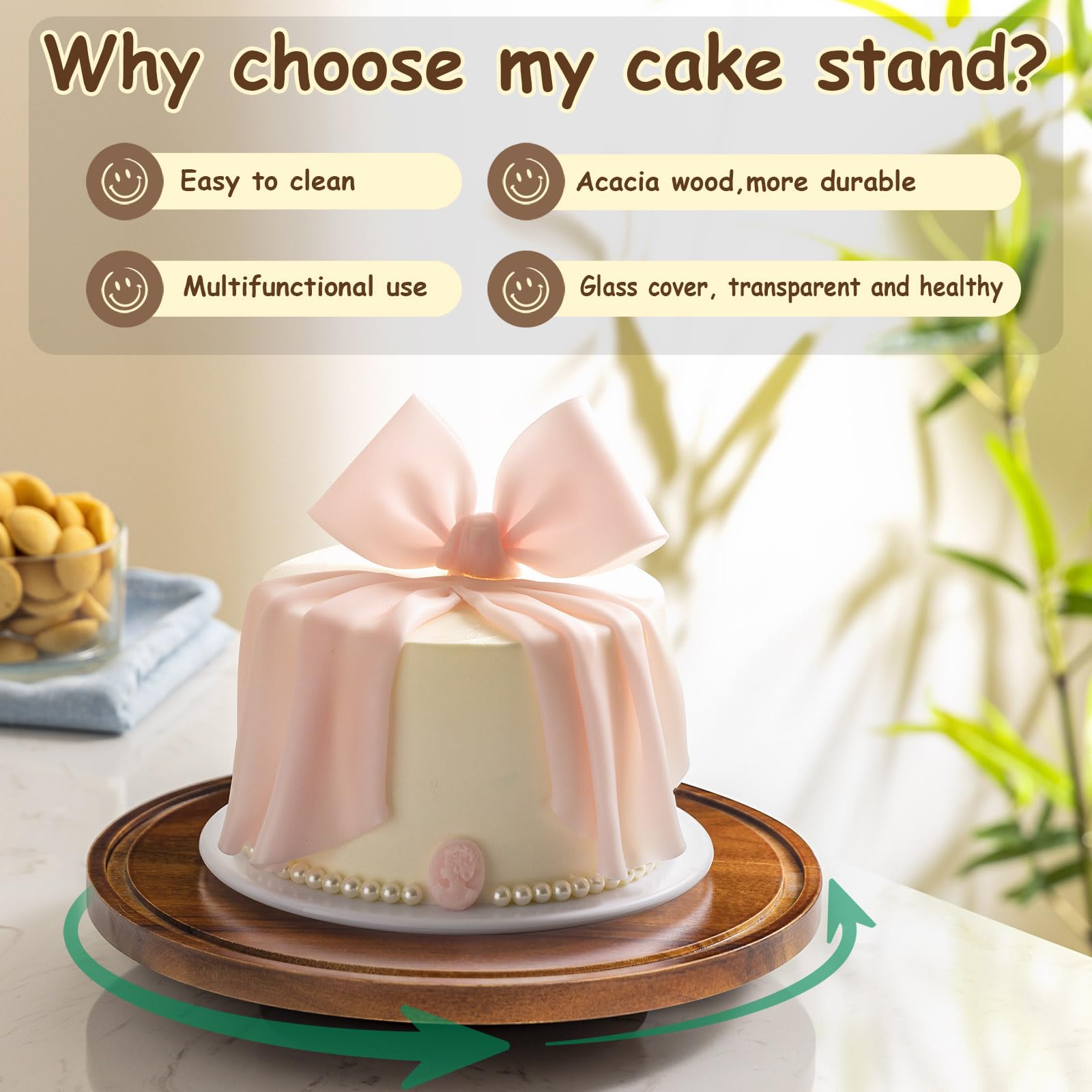 Yangbaga wood cake stand with protruding dome handle for easy lifting