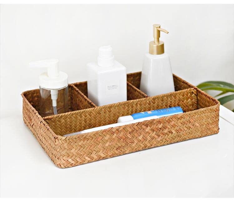 YANGQIHOME 4-compartment seagrass basket keeps items organized and accessible.