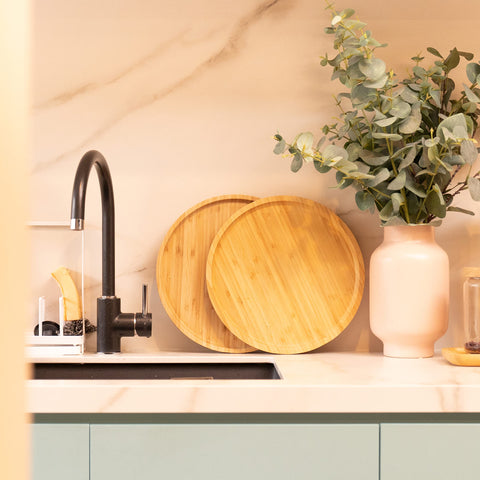 YangqiHome bamboo serving platter dining table setup complements rustic decor.