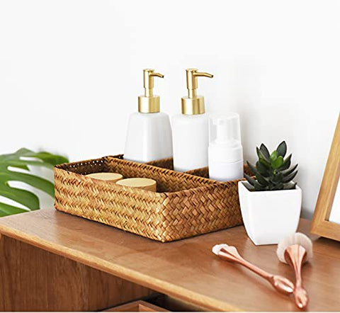 YANGQIHOME bedroom skincare basket organizes cosmetics on dressers.