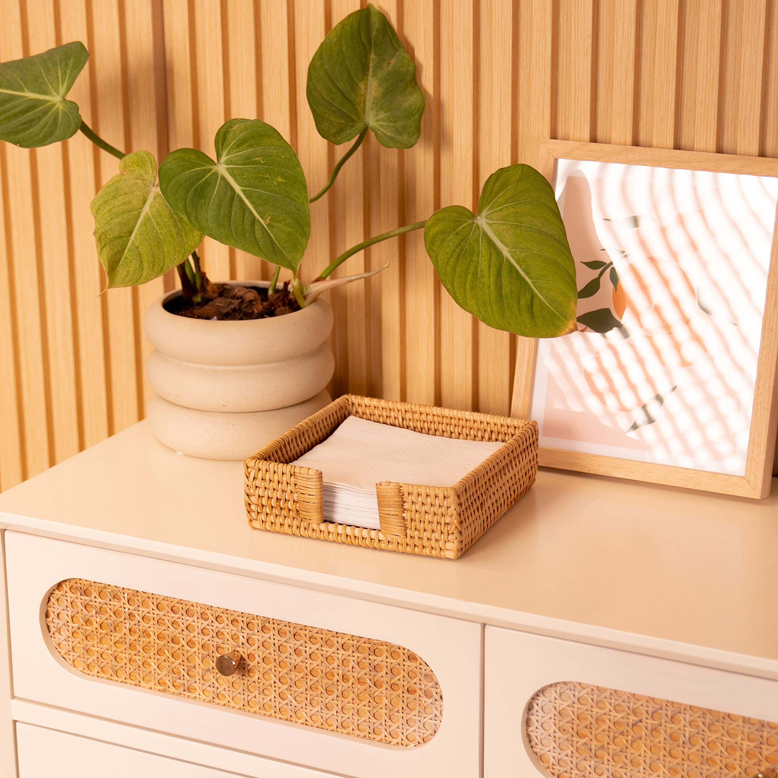 YANGQIHOME rattan napkin holder square on dining table adds rustic charm.