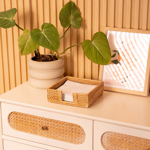 YANGQIHOME rattan napkin holder square on dining table adds rustic charm.