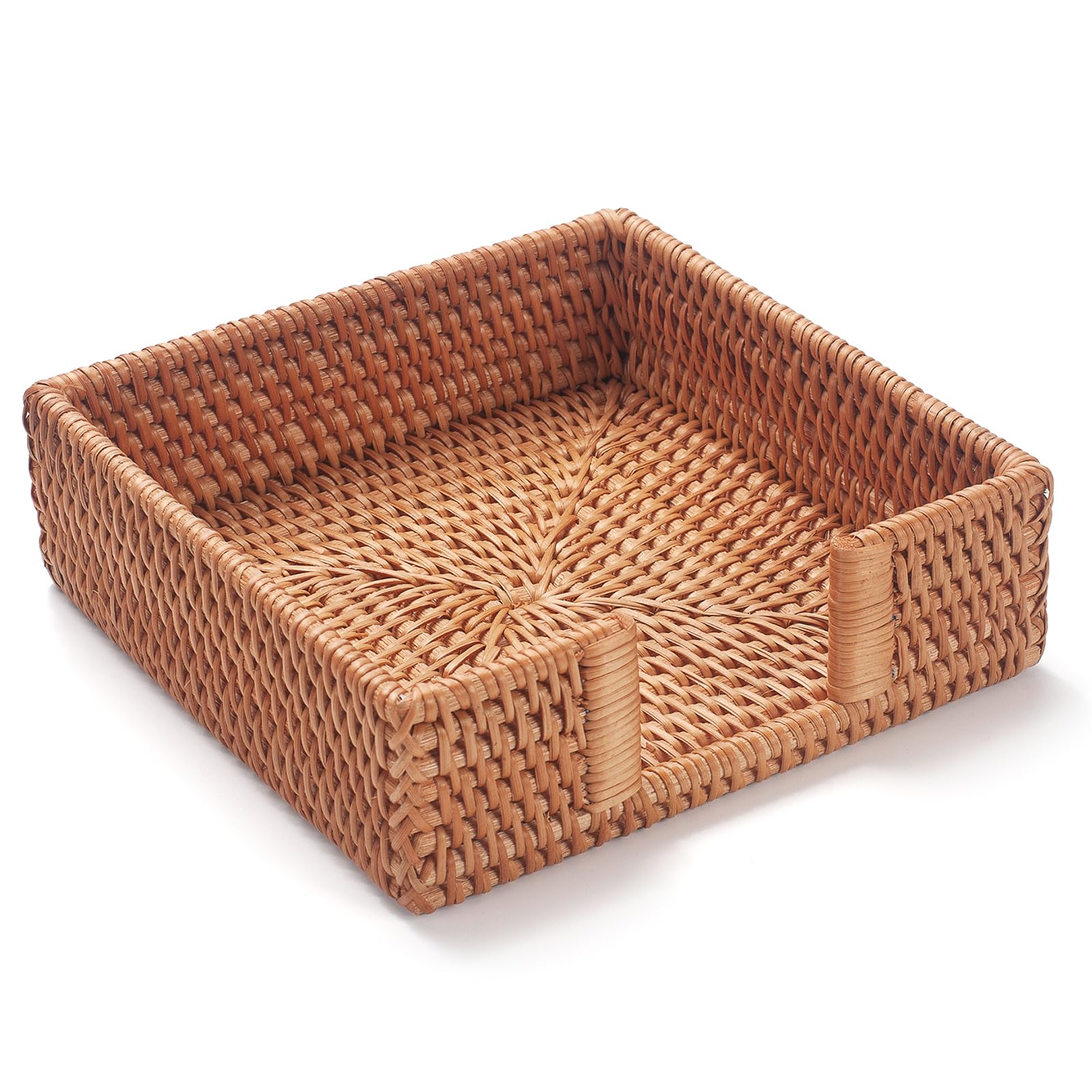 YANGQIHOME rattan napkin holder square top view shows tidy napkins.