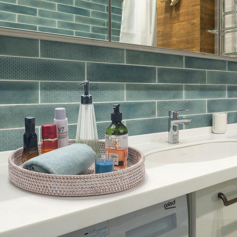 YANGQIHOME woven serving tray on coffee table enhances natural decor.