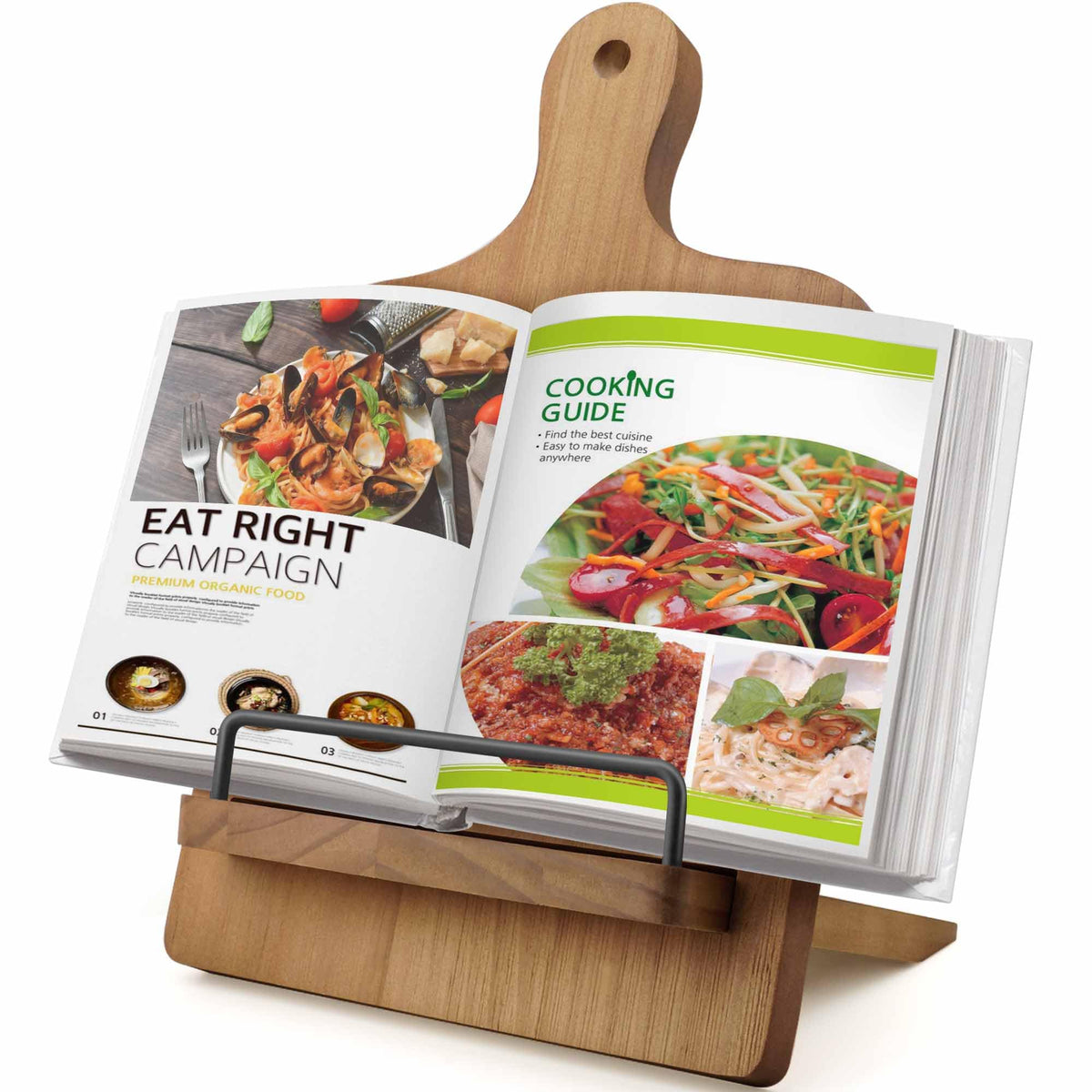 YANGSHUO cedar wood cookbook stand on the kitchen counter for easy recipe viewing.