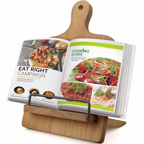 YANGSHUO cedar wood cookbook stand on the kitchen counter for easy recipe viewing.