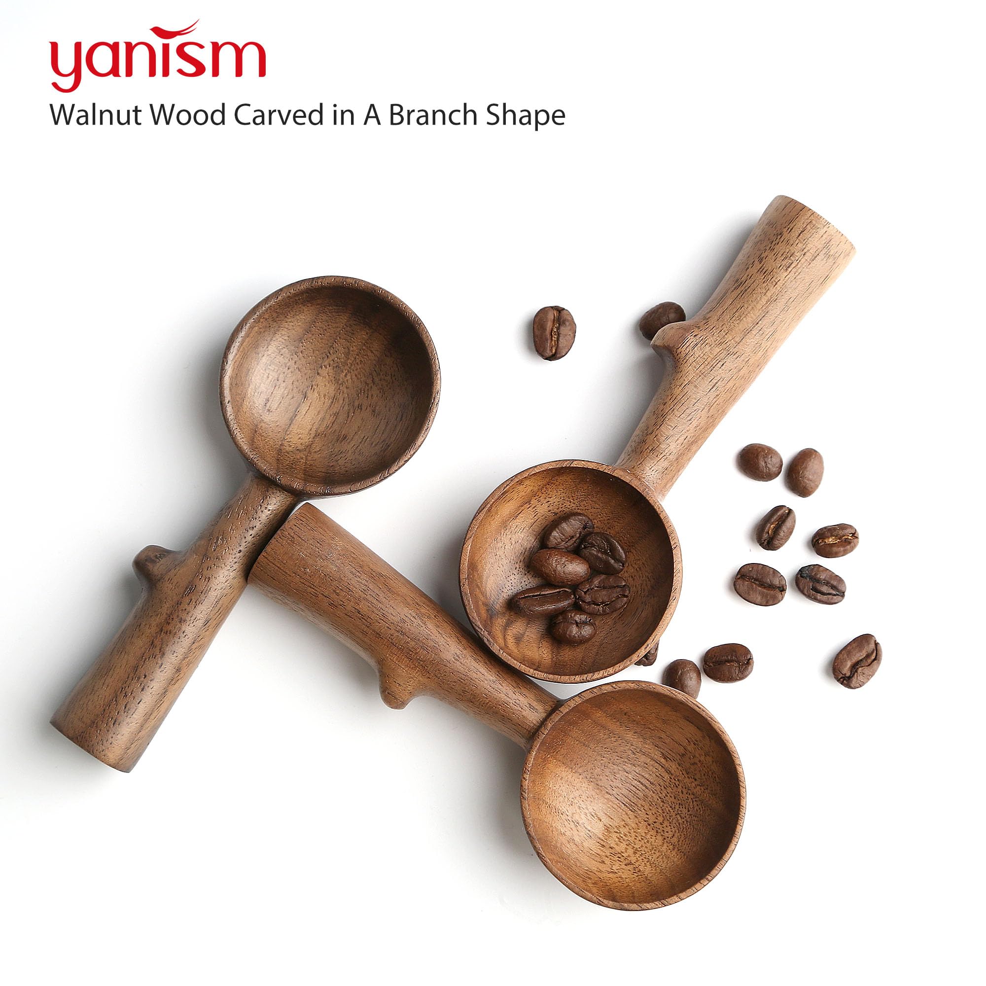 YANISM walnut coffee scoop in espresso setup illustrating 5 g capacity
