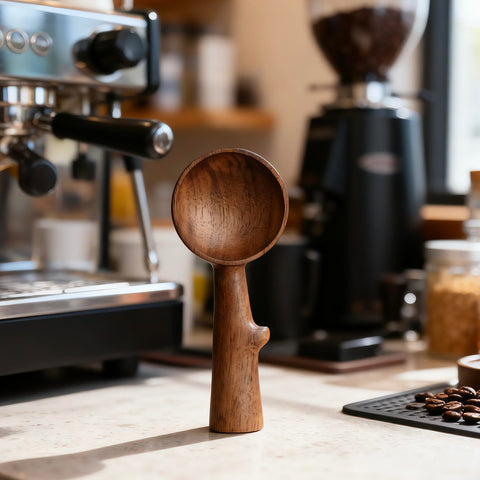 YANISM branch-handle coffee scoop shown beside pour-over setup for measurement ease