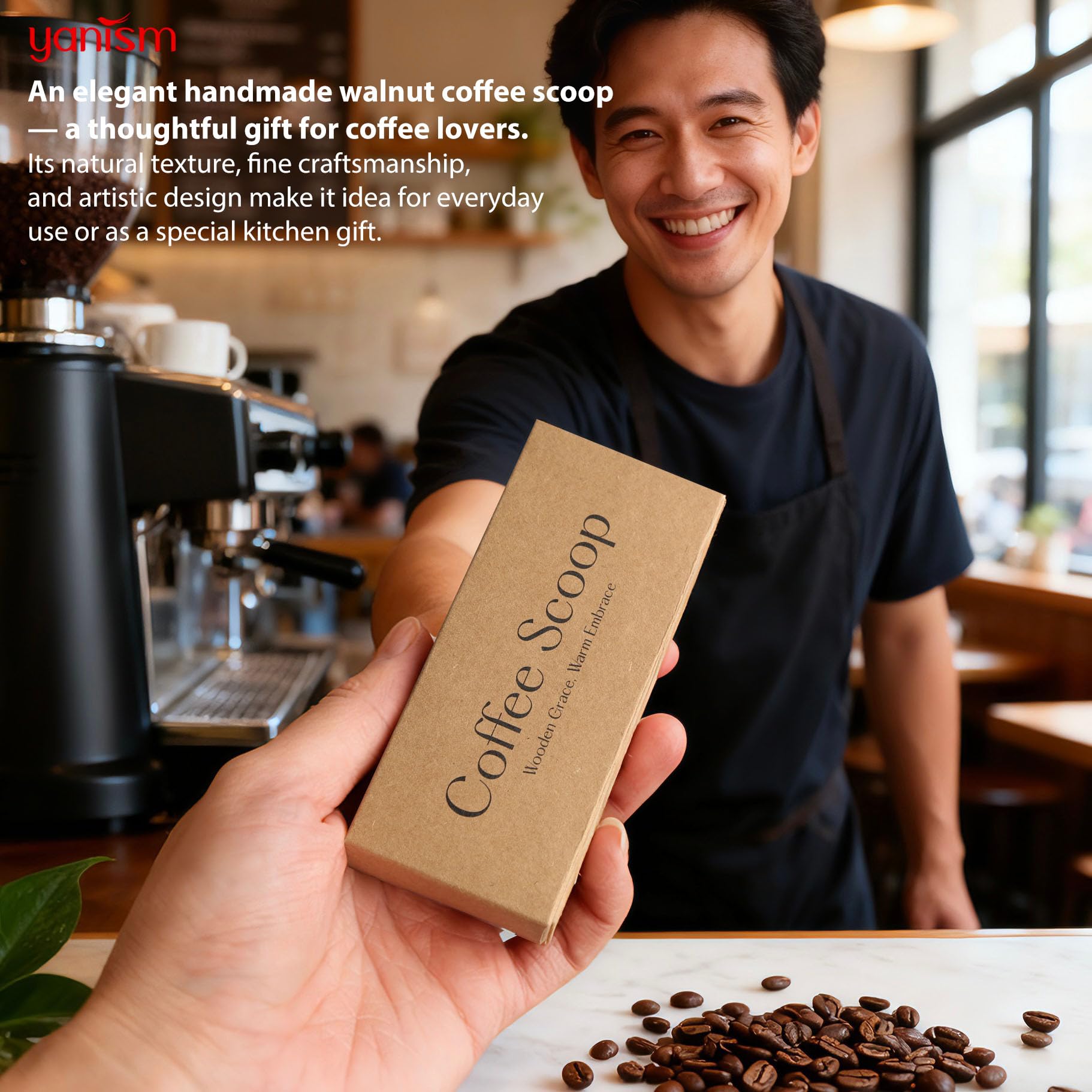 YANISM walnut scoop on kitchen counter as a stylish gift idea for coffee lovers