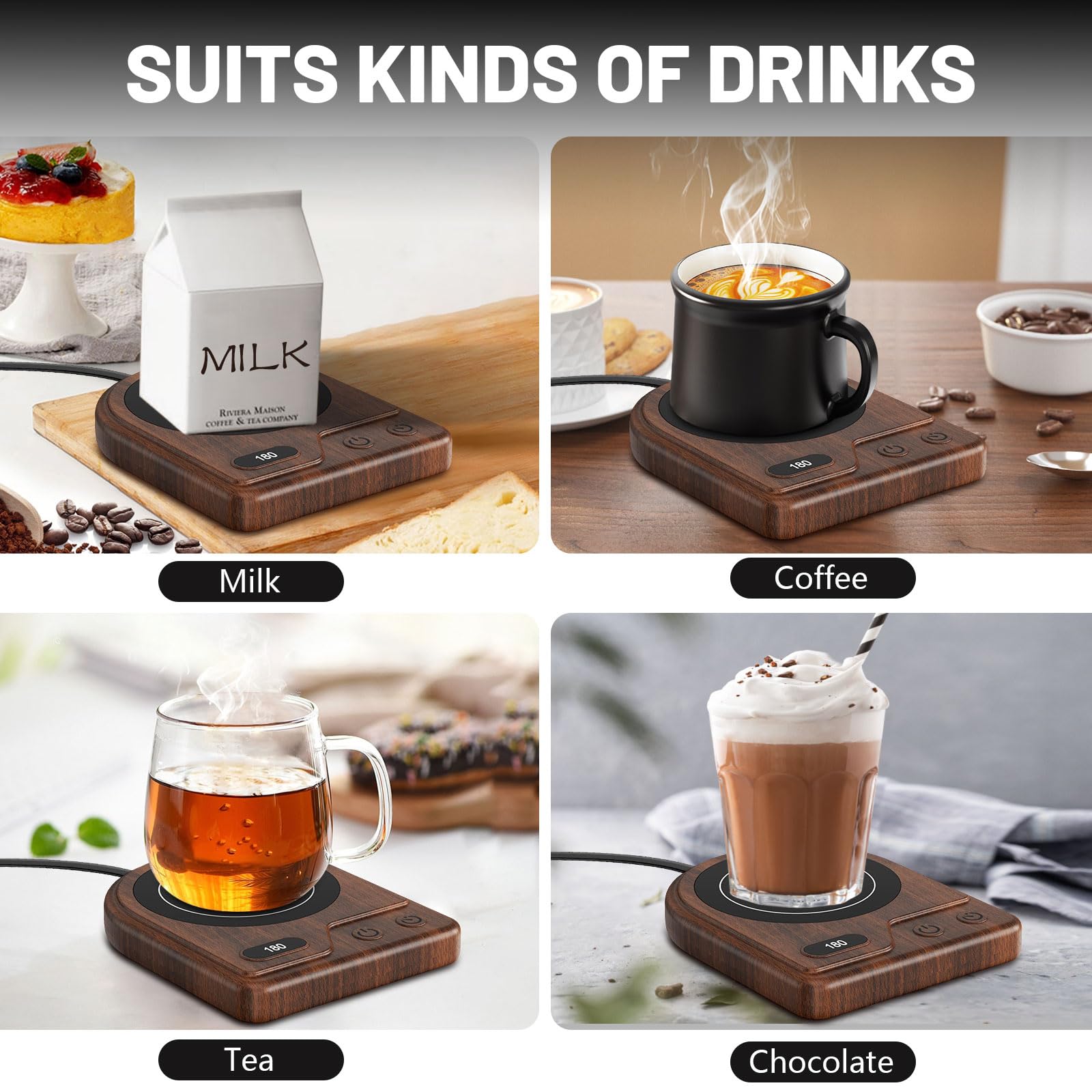 Yanxus mug warmer works with ceramic, glass, and other cup types.